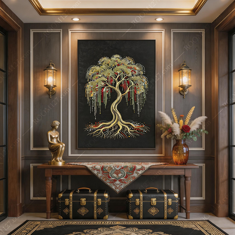 Modern light luxury black background gilded beaded hanging silk money tree embroidery art decorative painting is suitable for hotels and entrance halls