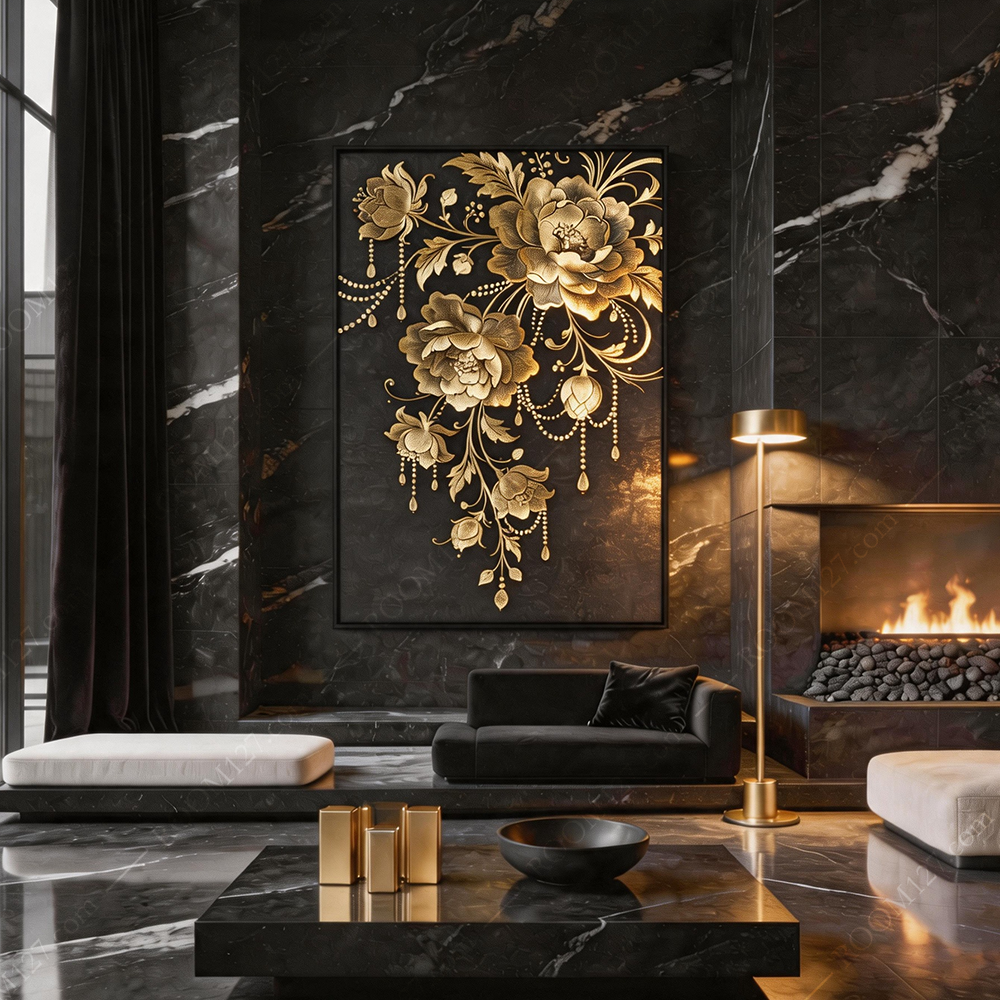 Modern black and gold light luxury entwined peony beaded pendant embroidery decorative painting is suitable for hotels and living rooms