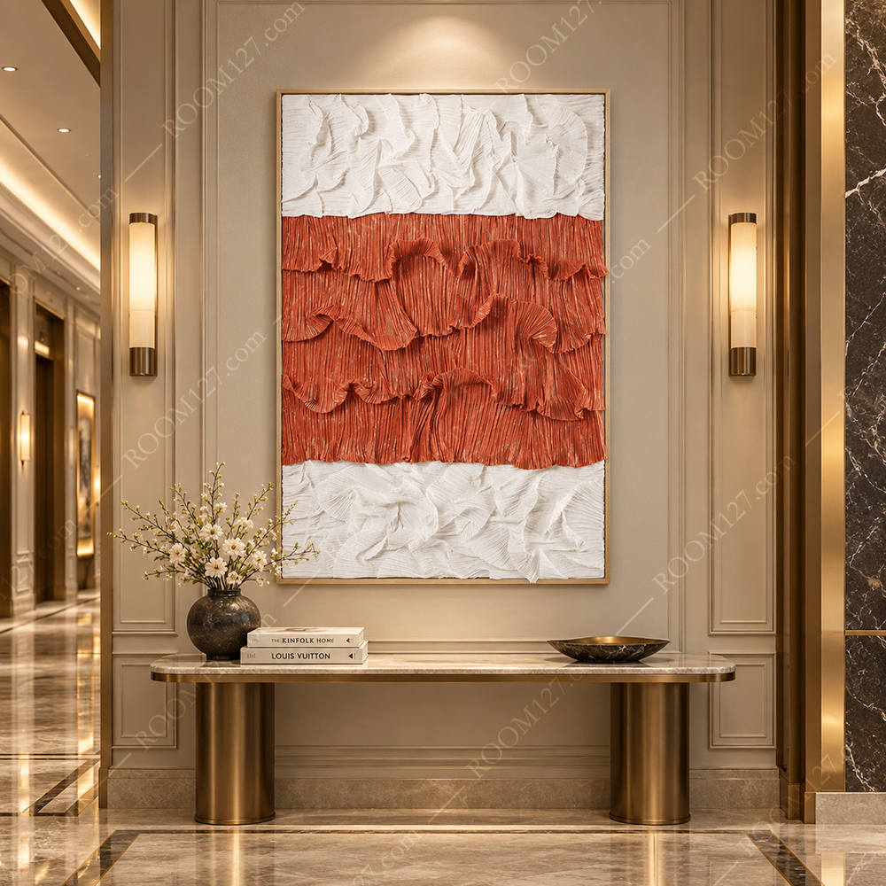 Modern light luxury style orange and white staged pleated wave three-dimensional physical decorative painting is suitable for hotels and living rooms