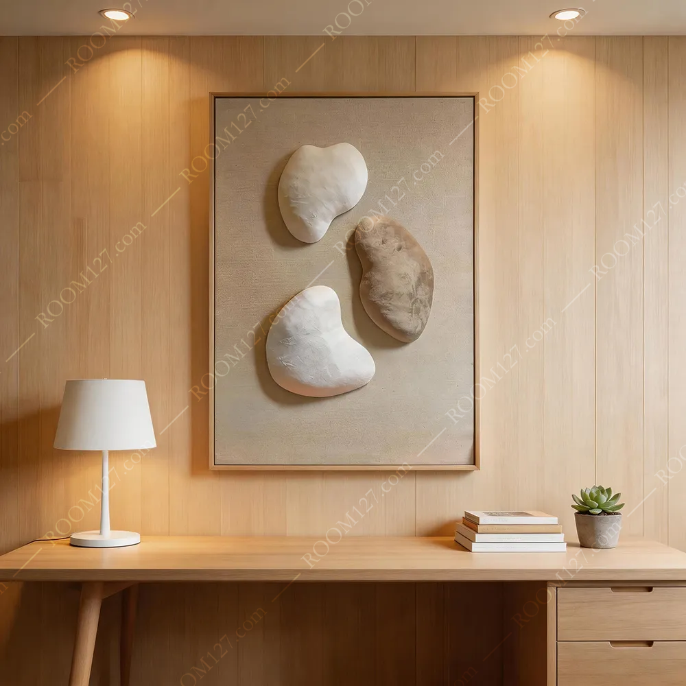 Off‑White & Brown Flock Upholstered Wall Art, Semi‑Relief Irregular Pebble Real‑Material Craft, Wabi‑Sabi Soothing Vertical Decor for Entryway & Bedroom