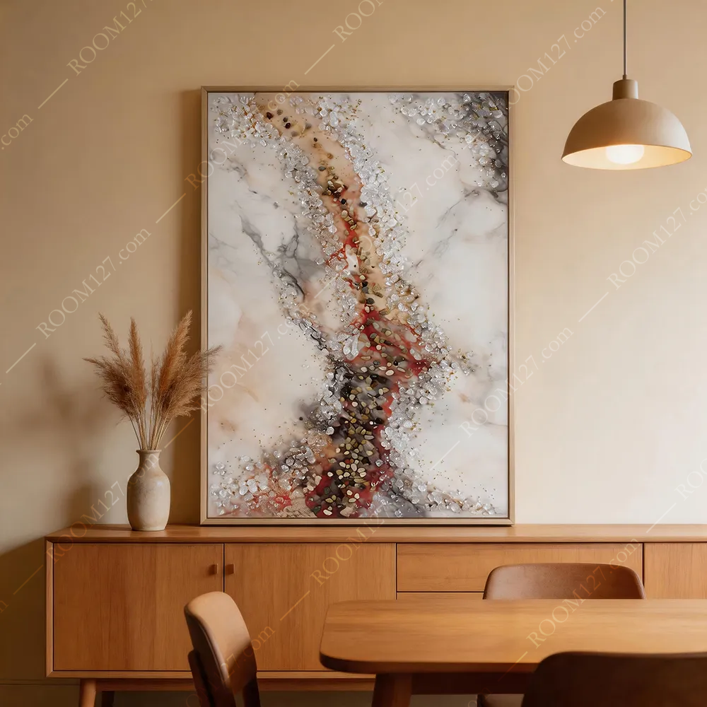 Red‑Veined Marble Semi‑Relief Wall Art, Natural Warm‑Red Stone & Crushed‑Crystal Craft, Vertical Light‑Luxury Decor for Living Room & Bedroom