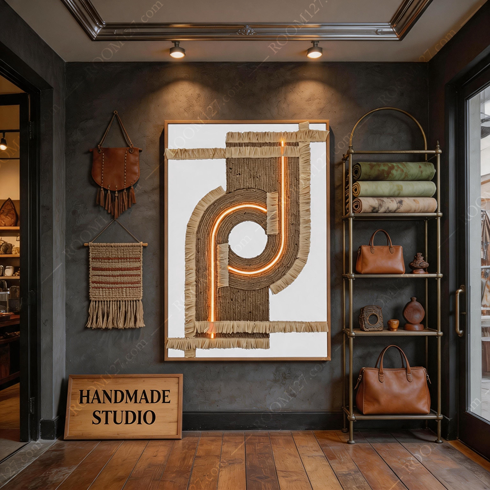 Modern wabi-sabi style hemp rope woven raffia grass tassels warm neon LED lights physical craft decorative paintings are suitable for hotels and entrance halls