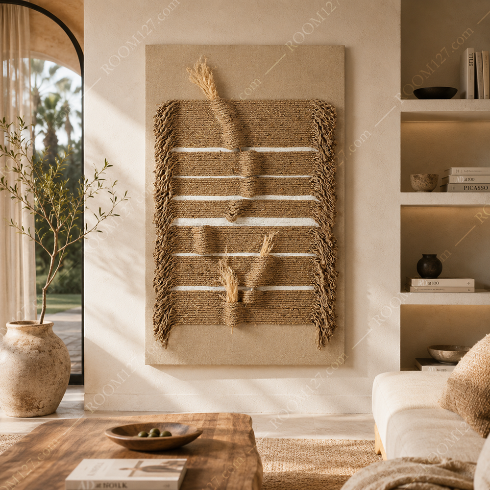 Wabi-sabi style original jute horizontal white striped pleated three-dimensional object decorative painting is suitable for hotels and bedrooms