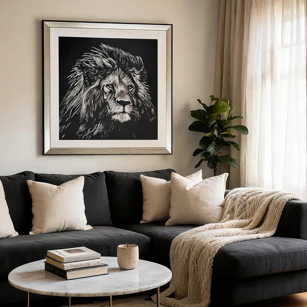Lion embroidery decorative painting, featuring a black and white artistic style, suitable for living rooms, hotels
