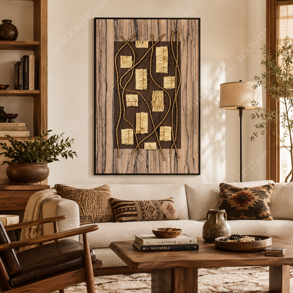 Wabi-sabi style walnut vertical grain wood veneer curved rope three-dimensional physical decorative painting is suitable for hotels and bedrooms