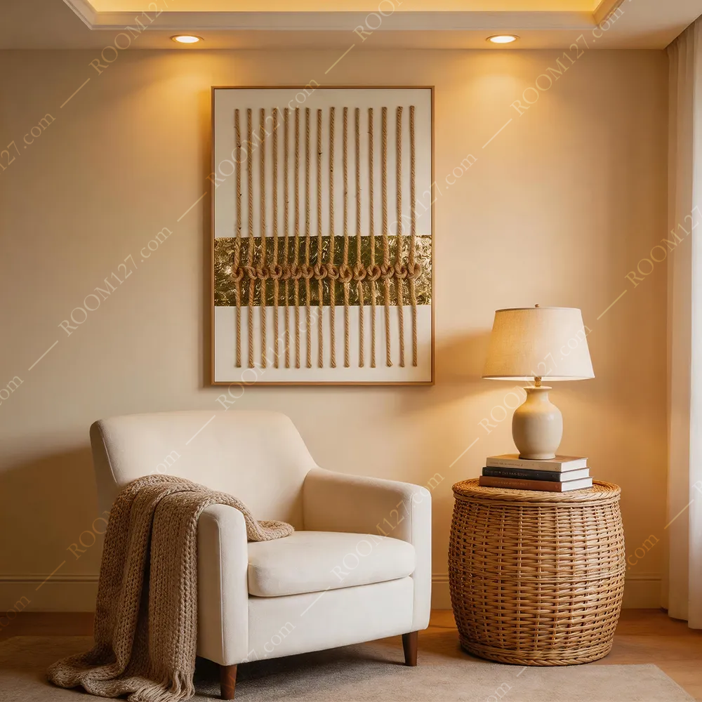 Modern wabi-sabi style yellow hemp rope uniform flat knot spanning across, dark-toned gold foil vertical three-dimensional physical craft decorative painting, suitable for hotels and entrance halls