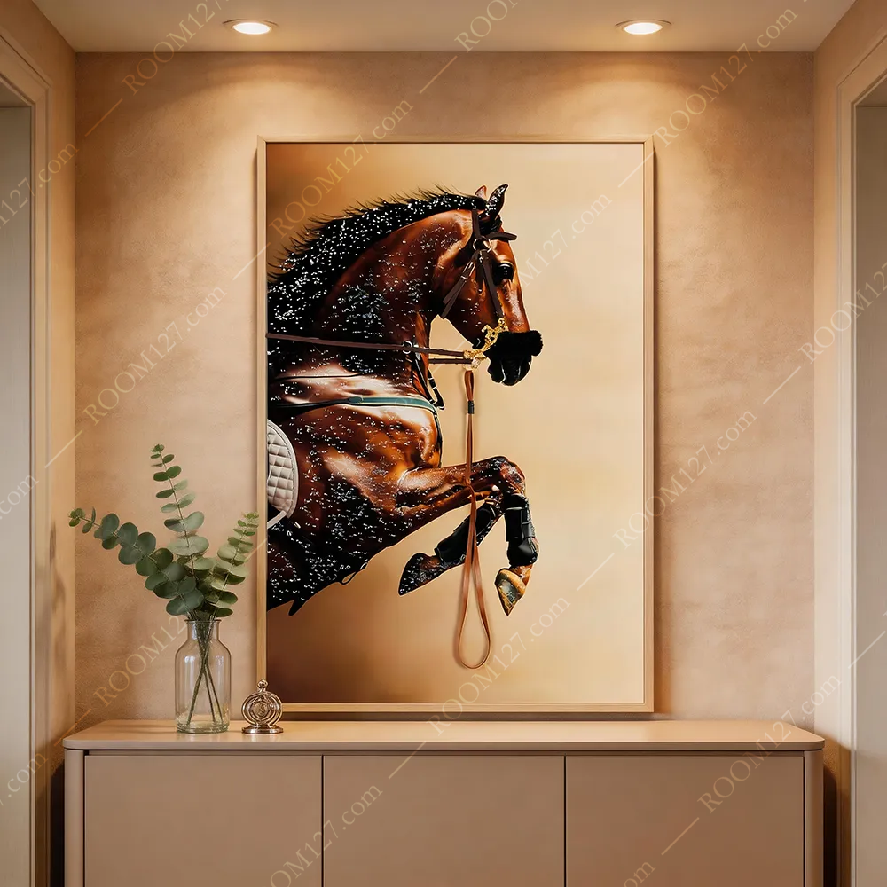 The vertical light luxury crystal diamond art decorative painting decorated with sparkling diamonds and equestrian leather ropes is suitable for the entrance hall and hotel