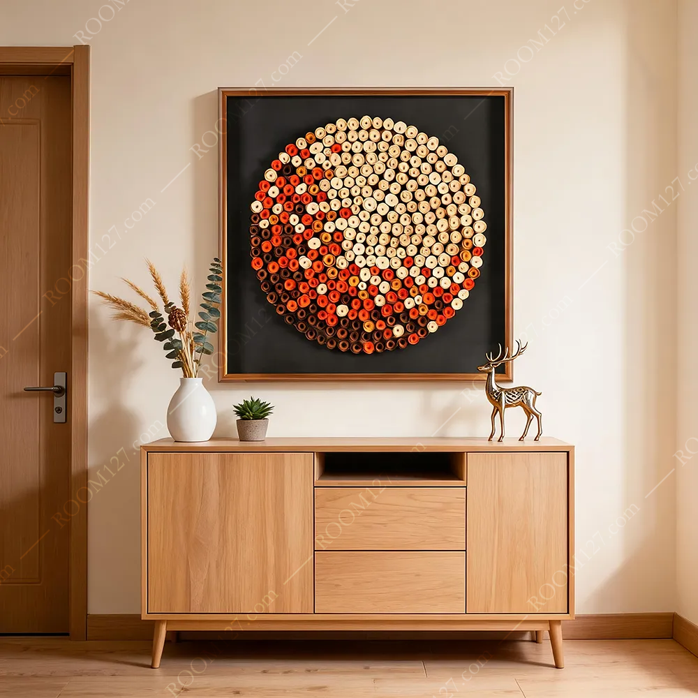 The warm gradient wooden paper roll aggregation light luxury style round three-dimensional real object decorative painting on the lower left is suitable for study and bedroom
