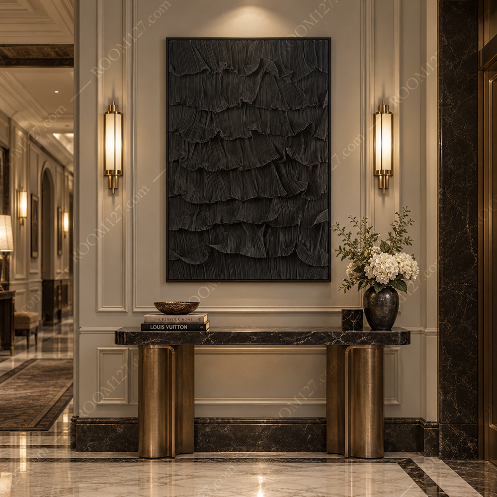 Modern minimalist style all-black pleated ruffled edge fabric three-dimensional physical decorative painting is suitable for hotels and living rooms