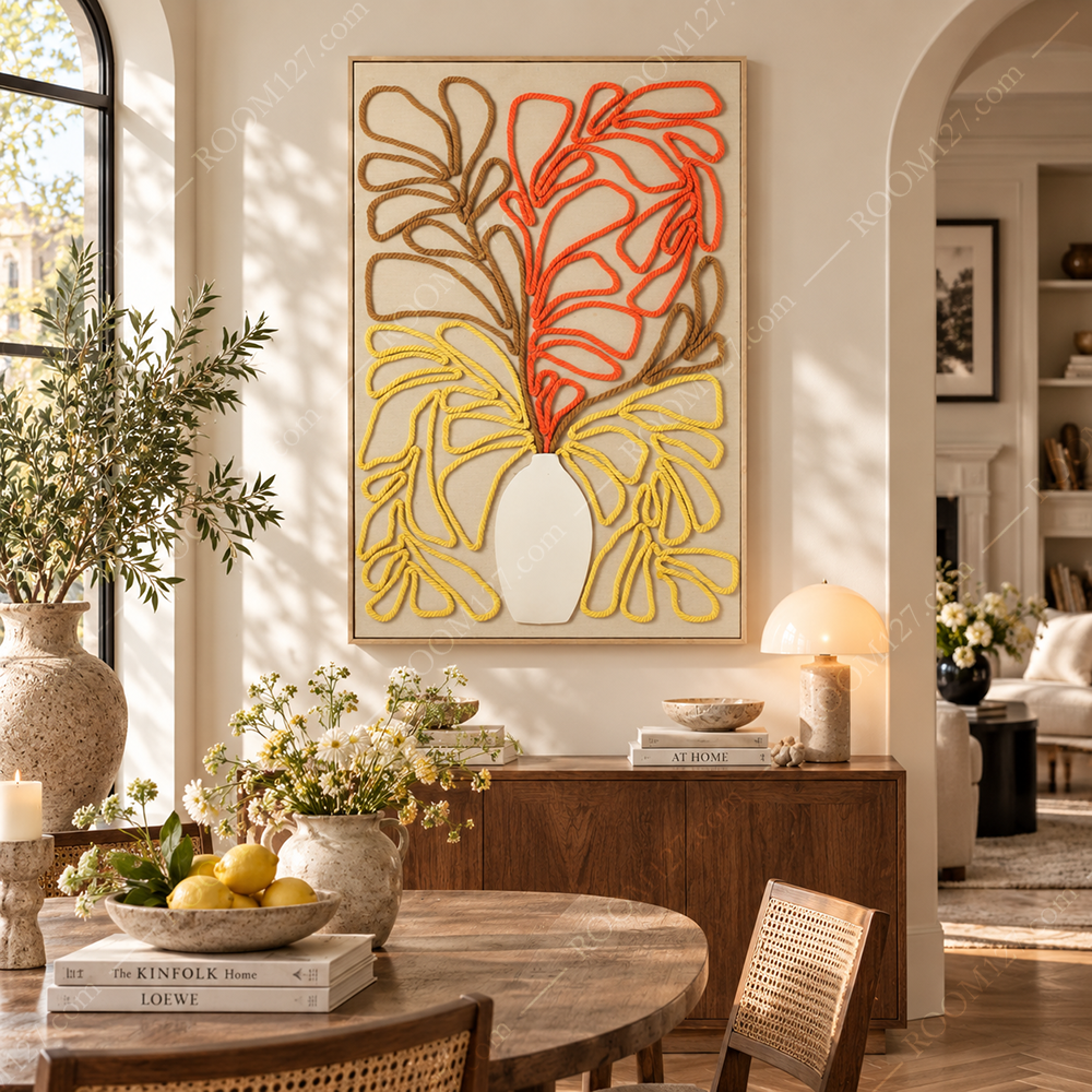 3D Handwoven Wall Art, Wabi-Sabi Warm Autumn Orange Yellow Brown Thick Cotton Rope Foliage in White Vase Decor for Hotel & Study Room