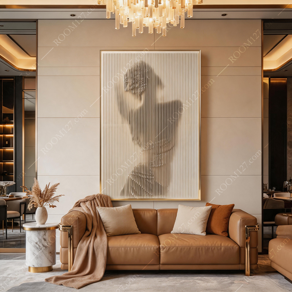 Semi-Transparent Acrylic Illusion Wall Art, Cream Vertical Stripes with Subtle Light Gold Sandstone Carving, Modern Italian Luxury Decor for Living Room & Hotel