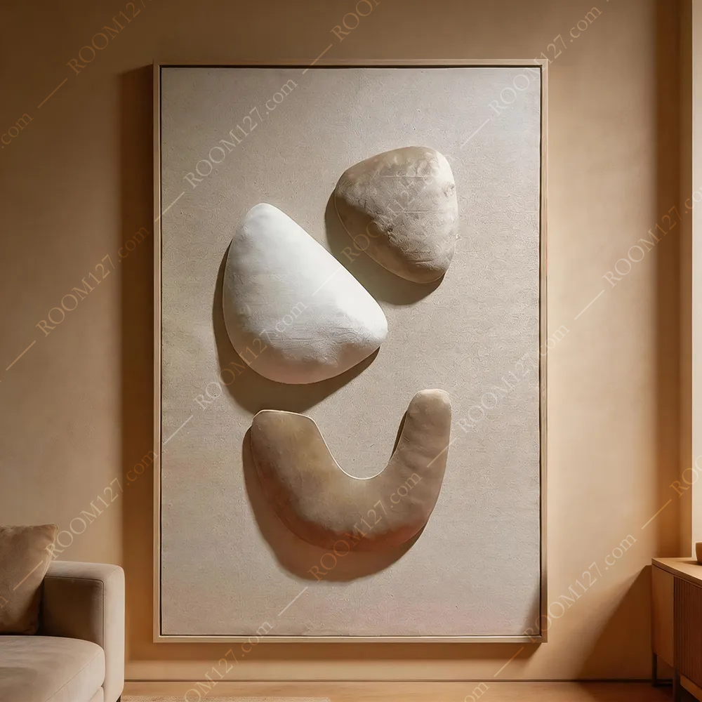 Off‑White & Brown Flock Upholstered Wall Art, Semi‑Relief Irregular Pebble Real‑Material Craft, Wabi‑Sabi Soothing Vertical Decor for Entryway & Bedroom
