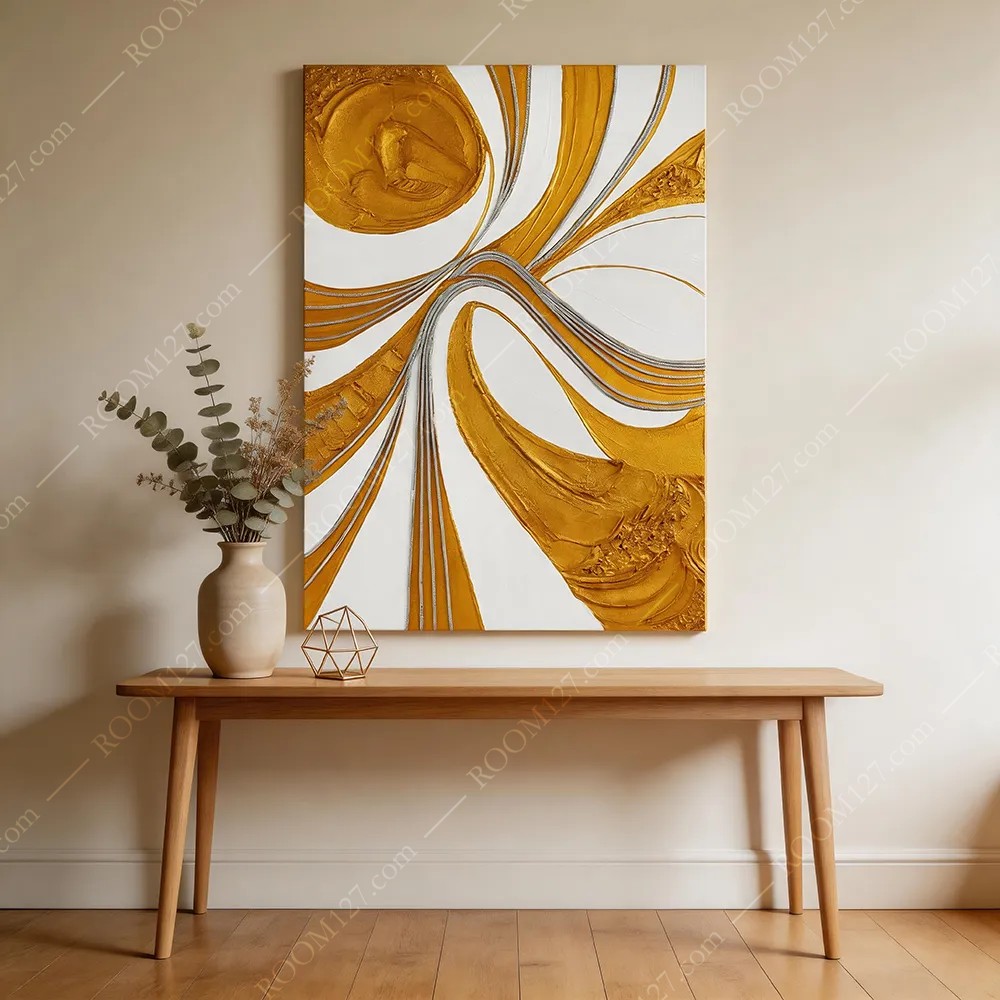 The wine red warm gold flowing silk ribbon thick pile silver edge abstract style three-dimensional object decorative painting is suitable for hotels and bedrooms
