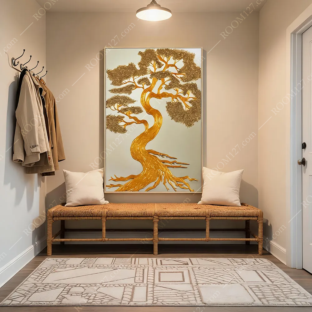 A full-length, thick pile of broken gold foil semi-three-dimensional welcoming pine vertical plate light luxury carved physical decorative painting is suitable for the entrance hall and living room
