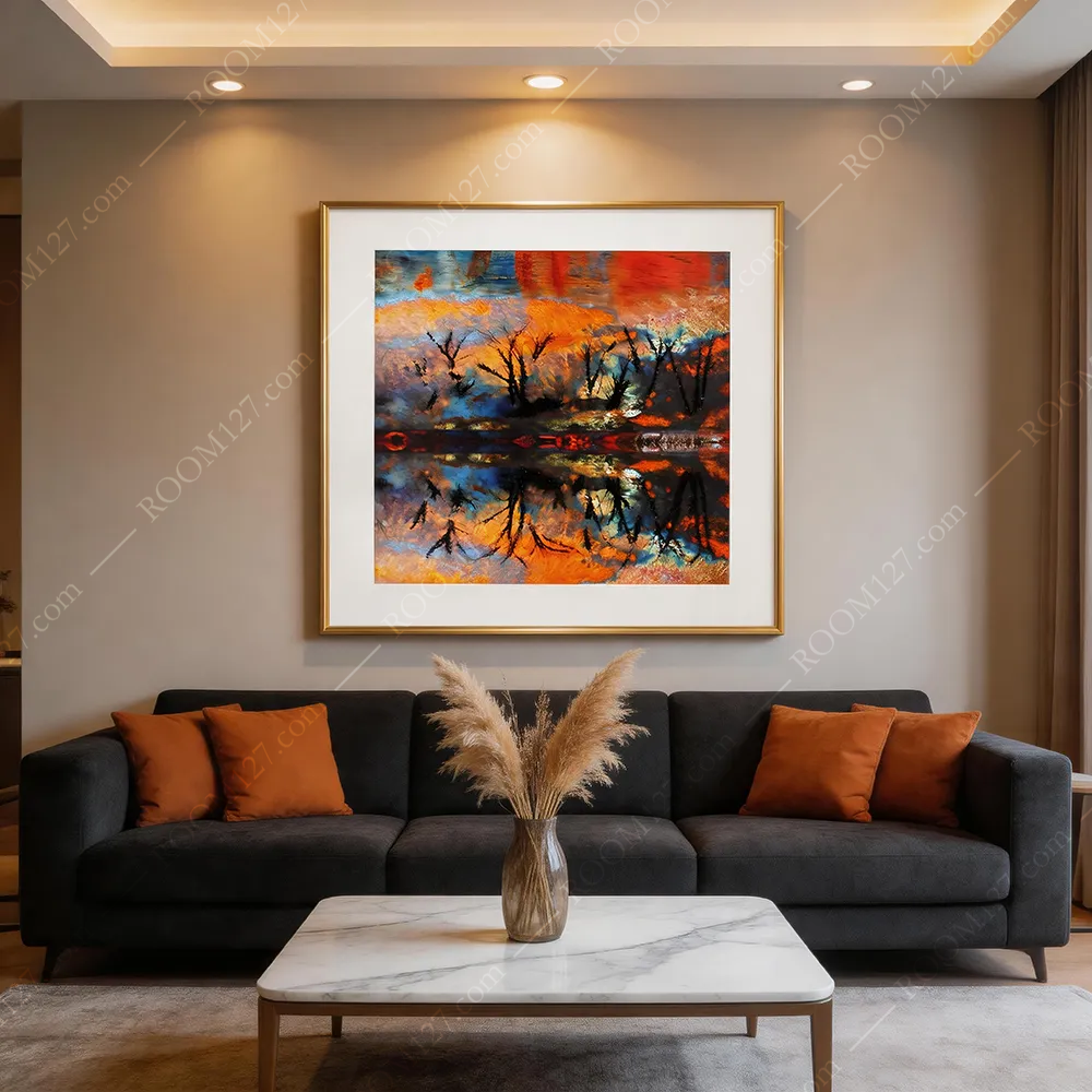 An abstract sunset landscape hand-painted decorative painting with symmetrical mirror reflections on top and bottom is suitable for study and bedroom