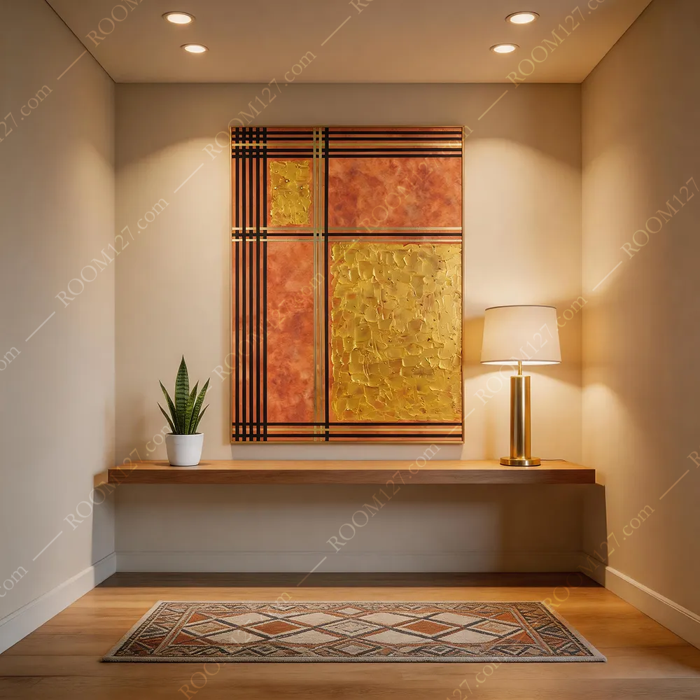 This abstract three-dimensional object decorative painting with a warm orange texture base, double gold lines, and interlaced broken gold blocks is suitable for hotels and study rooms