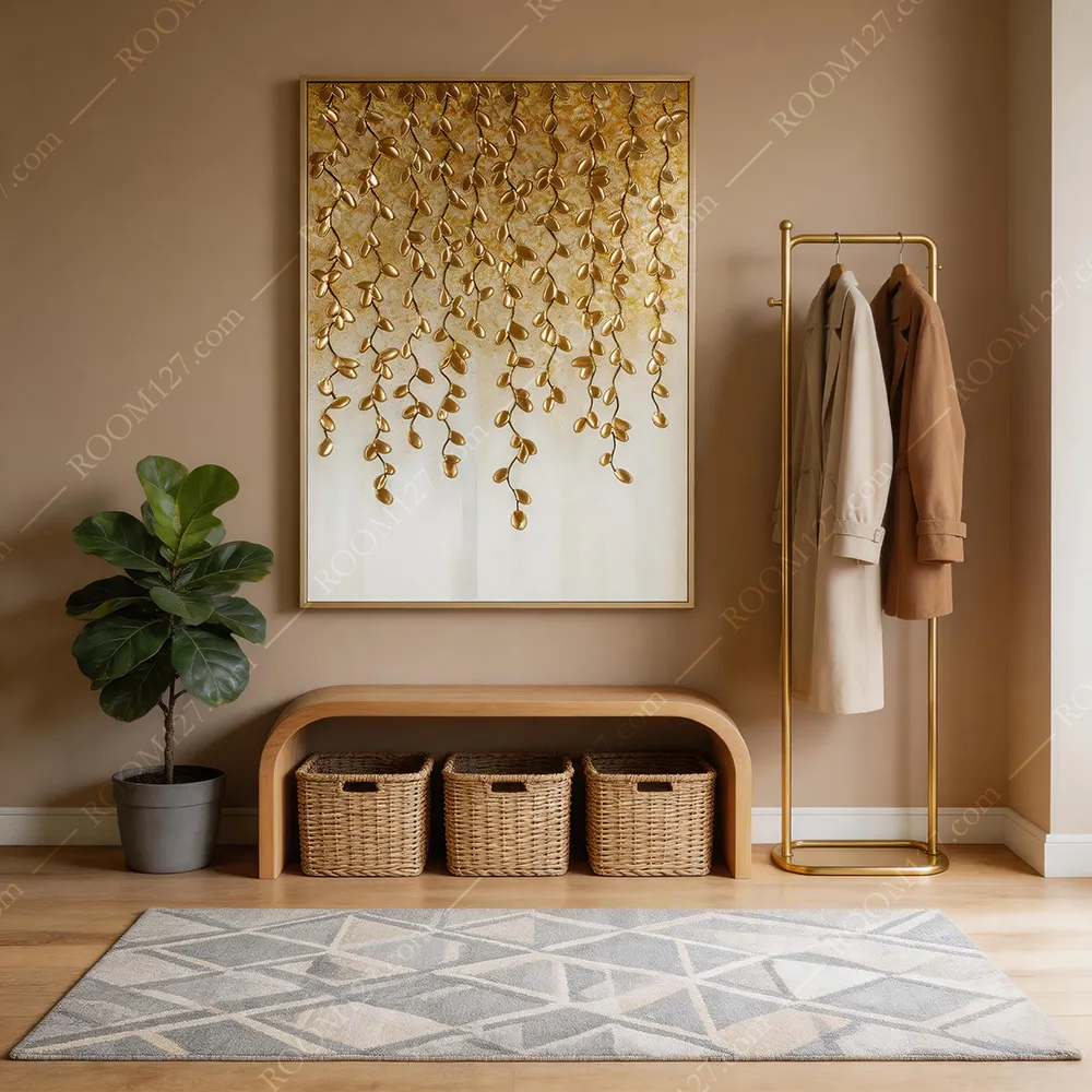 The gradient gilded tassel leaf thick pile texture vertical plate light luxury three-dimensional relief craft physical decorative painting is suitable for the entrance hall and living room