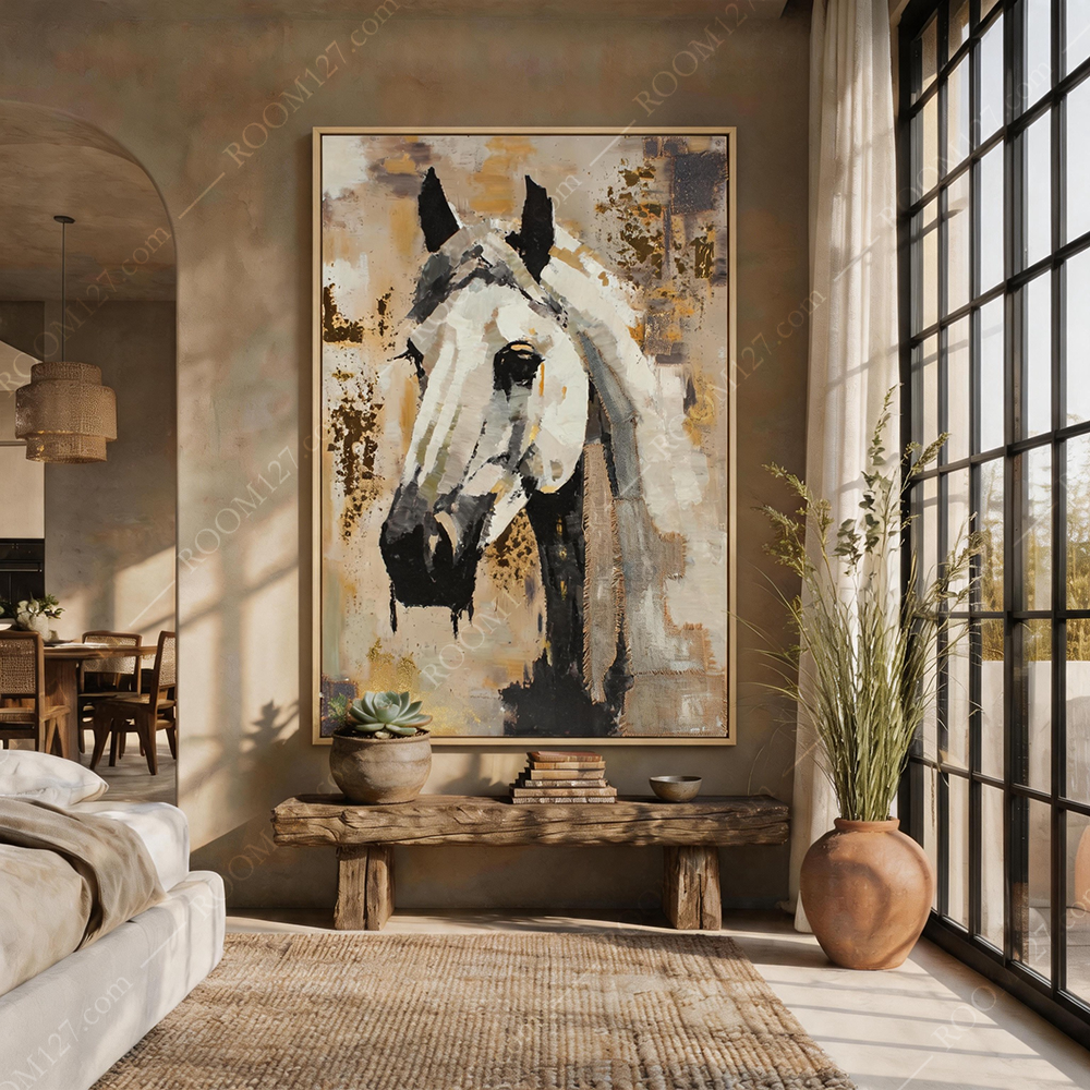 Modern light luxury style gilt-textured thick-coated white horse hand-painted decorative painting is suitable for hotels and entrance halls