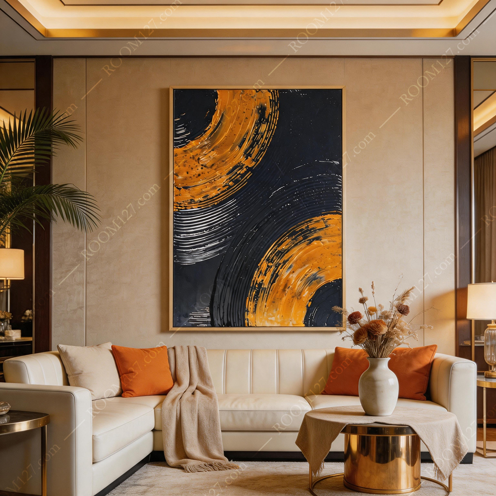 Modern light luxury style navy blue, black, orange and gold double-arc thick-coated hand-painted decorative painting is suitable for hotels and living rooms