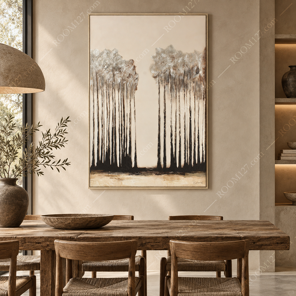 Hand-Painted Impasto Palette Knife Wall Art, Abstract Tall Sparse Forest on Misty Apricot Base, Wabi-Sabi Style Decor for Hotel & Living Room
