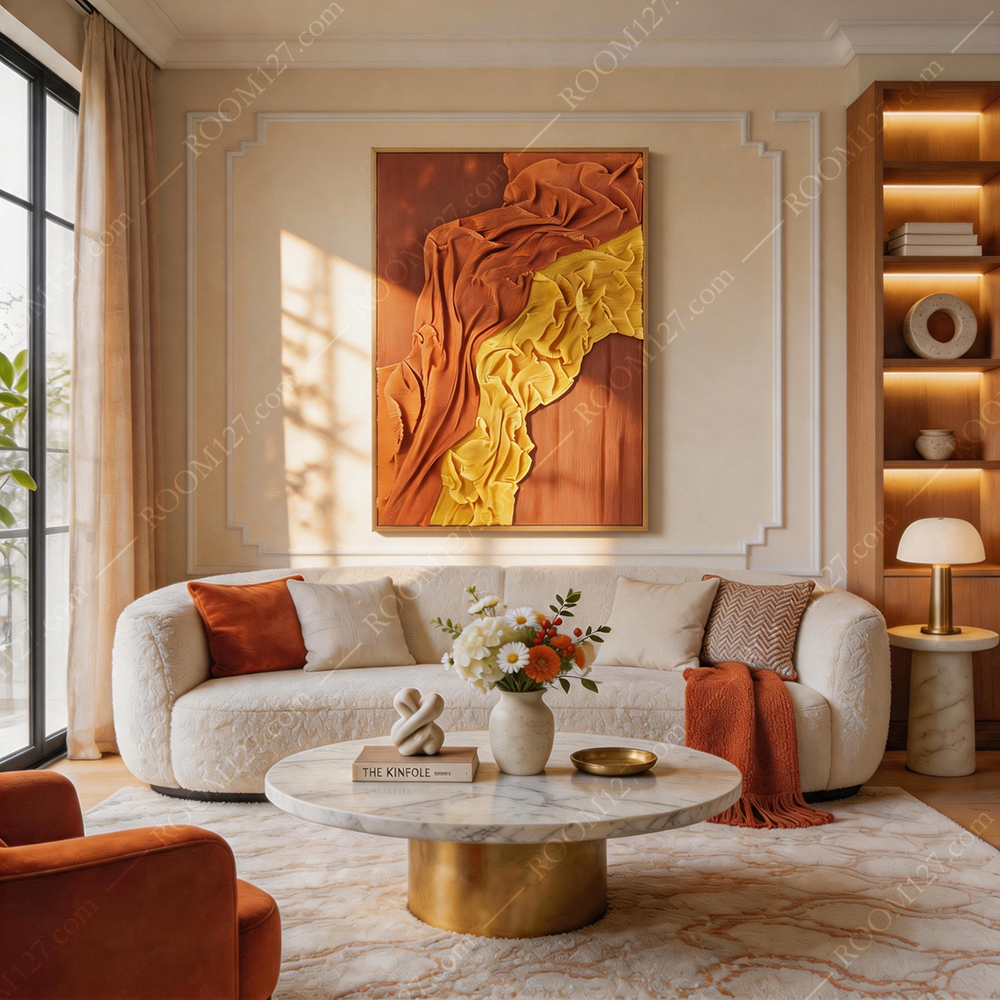 The Chaka Light Luxury style caramel orange turmeric double S-shaped satin pleated three-dimensional physical fabric decorative painting is suitable for hotels and living rooms