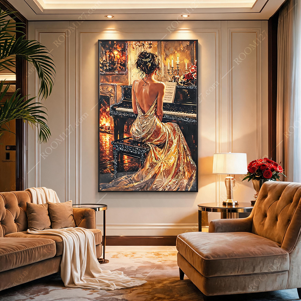 Crystal Rhinestone 3D Wall Art, Luxury Gilded Warm Night Scene, Lady Playing Piano by Fireplace, Elegant Backless Gold Gown Decor for Hotel & Study Room