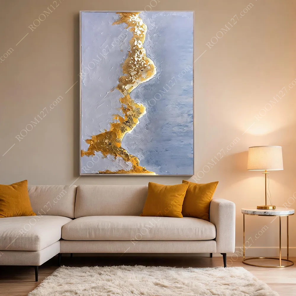 This semi-three-dimensional vertical light luxury art decorative painting with thick pile texture carving and hand-painted technique of broken gold foil is suitable for hotels and living rooms
