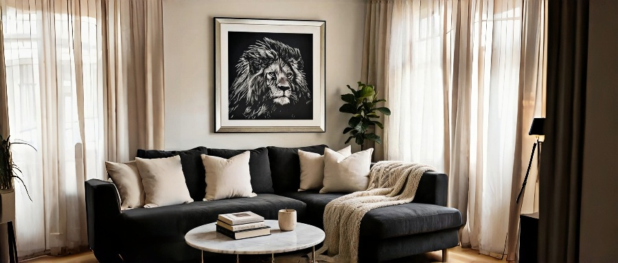Framed Black‑White Hand‑Embroidered Lion Wall Art