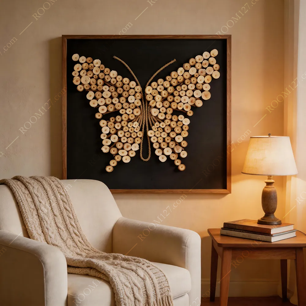 The original short log roll spliced with hemp rope butterfly body light luxury style square three-dimensional physical decorative painting is suitable for bedrooms and hotels