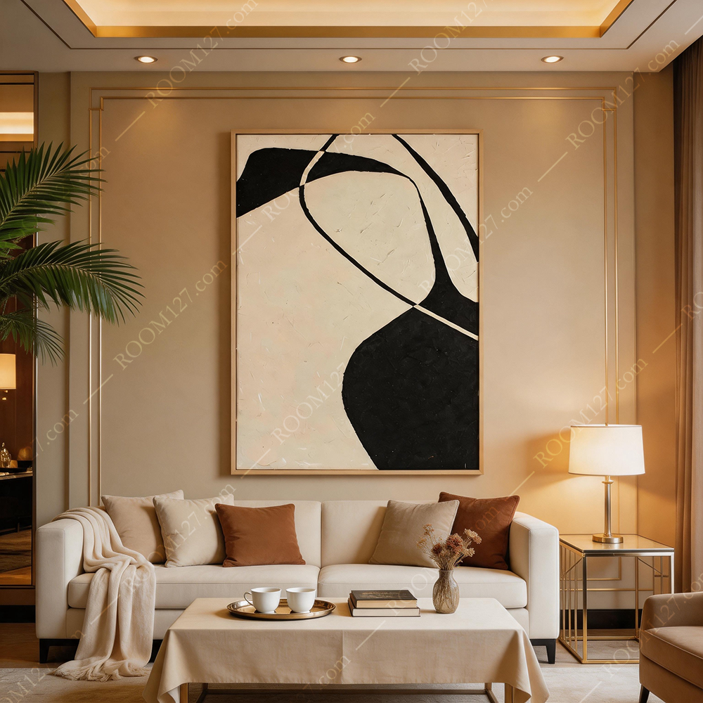 This thick, abstract, boundless, flowing black and white line hand-painted decorative painting in beige wabi-sabi style is suitable for hotels and living rooms