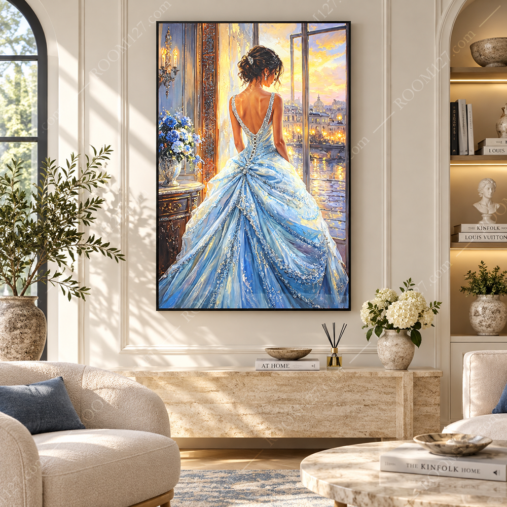 Crystal Rhinestone Wall Art, Impressionist Paris Seine Sunset, Lady in Ice-Blue Sparkly Backless Gown, French Luxury Decor for Hotel & Living Room