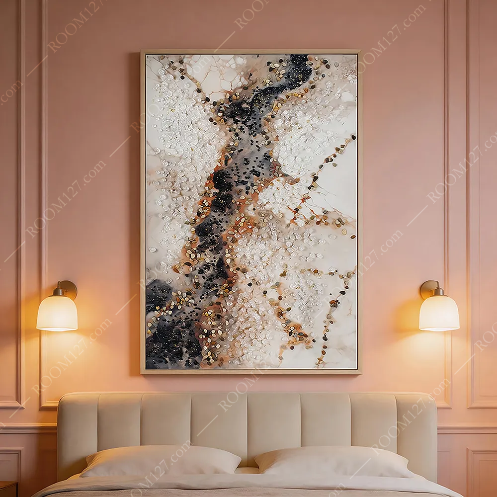 Warm‑Pink Marble with Crushed Crystal Cluster, Semi‑Relief Gilded Vertical Wall Art, Real‑Stone Craft, Light‑Luxury Decor for Hotel & Living Room