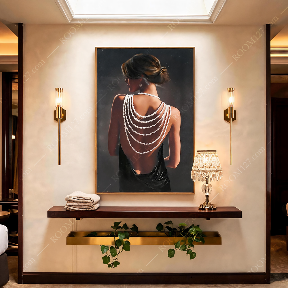 Luxury Wall Art, Elegant Hepburn-Style Goddess with Dropping Pearls & Black Velvet Backless Gown, Semi-3D Mixed Media Painting for Hotels