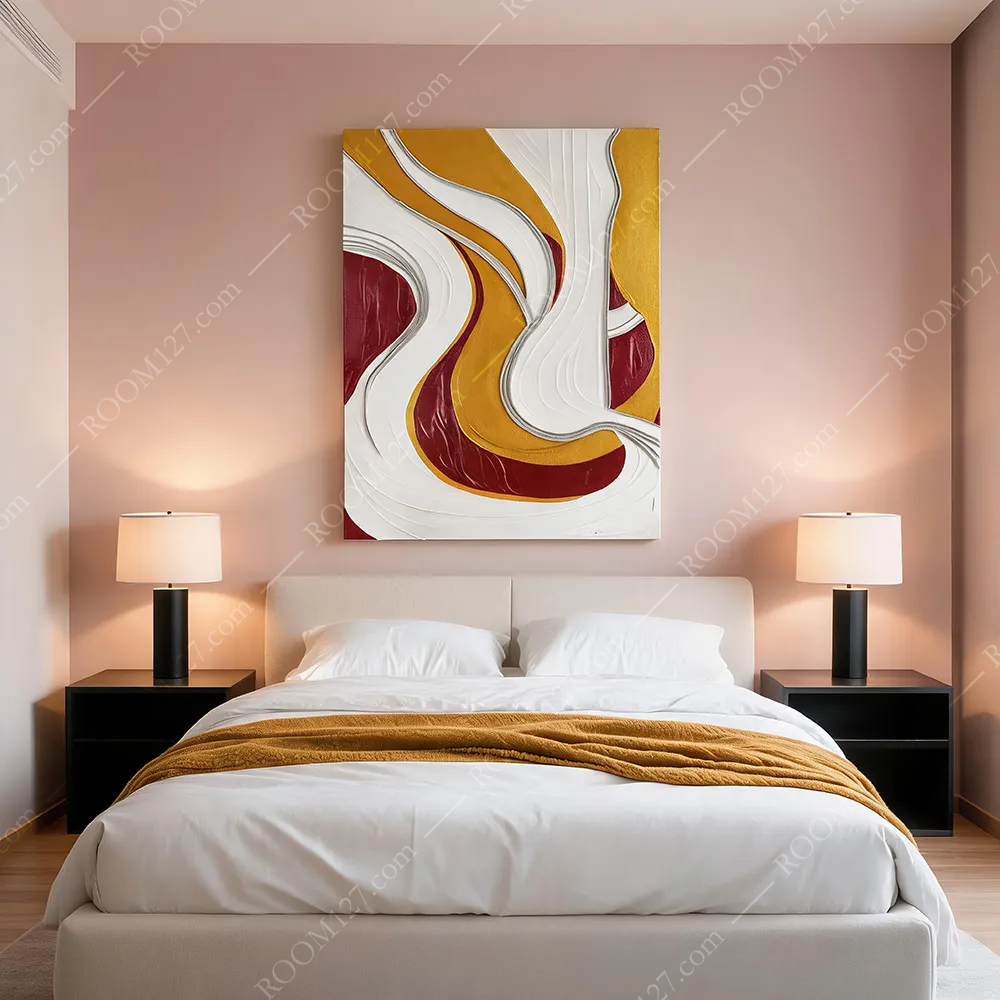 The wine red warm gold flowing silk ribbon thick pile silver edge abstract style three-dimensional object decorative painting is suitable for hotels and bedrooms