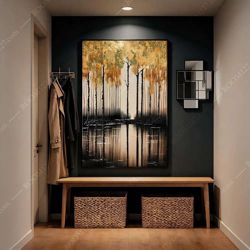 A vertical physical art decorative painting with a thick pile of tree trunks and symmetrical reflections in a light luxury style with broken gold foil is suitable for hotels and study rooms