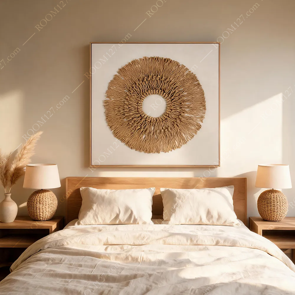 Modern wabi-sabi style linen knot tassel symmetrical square physical craft three-dimensional decorative painting, suitable for hotels & bedrooms