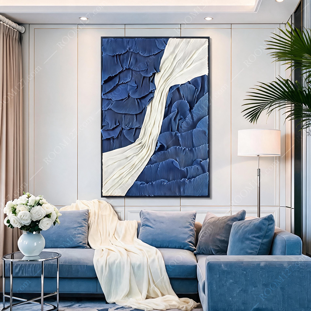 Modern minimalist wabi-sabi style Klein blue fabric layered mountain stream and flowing water three-dimensional object decorative painting is suitable for hotels and entrance halls