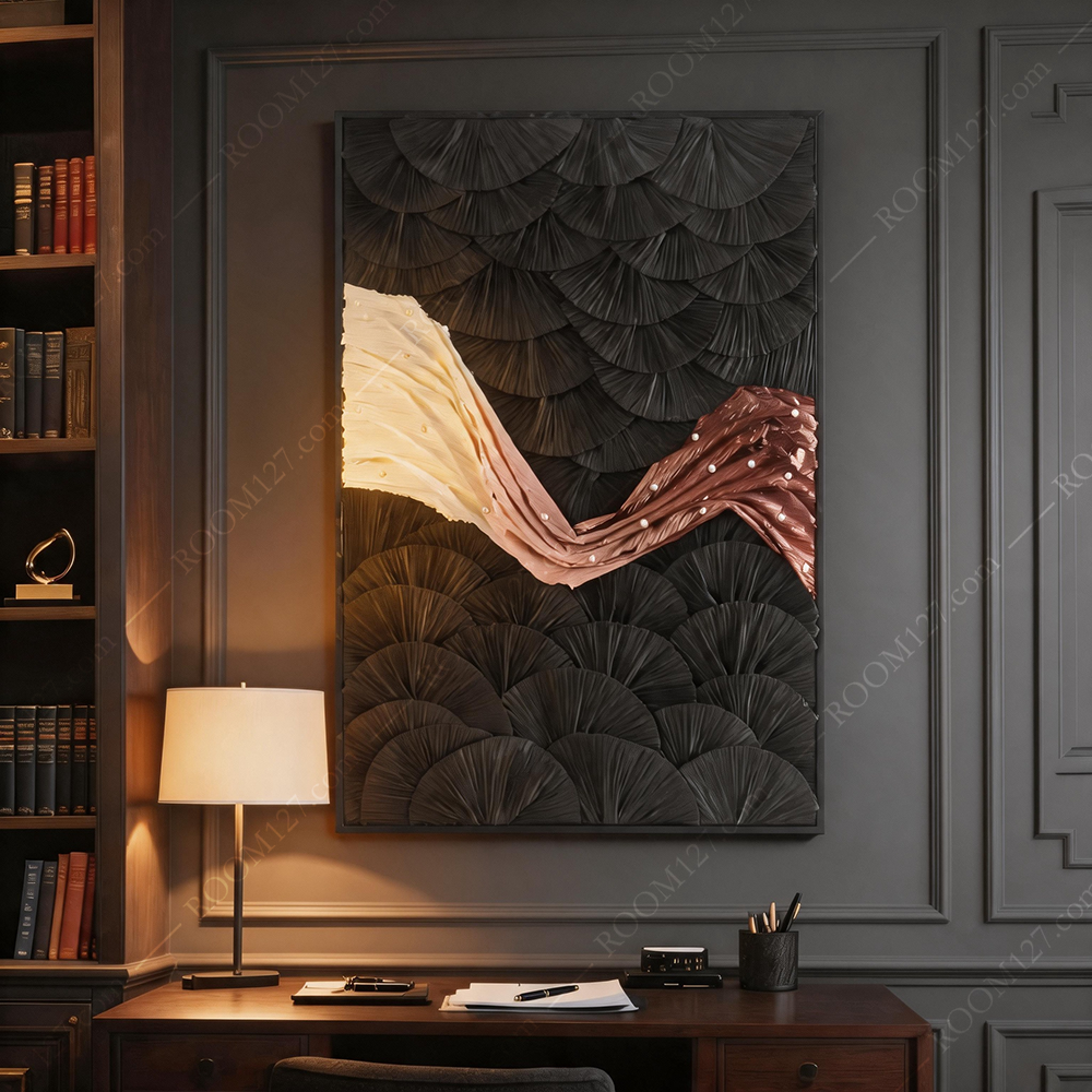 Modern light luxury style heavy pearl-embellished pleated fan pattern fabric three-dimensional physical decorative painting is suitable for hotels and living rooms