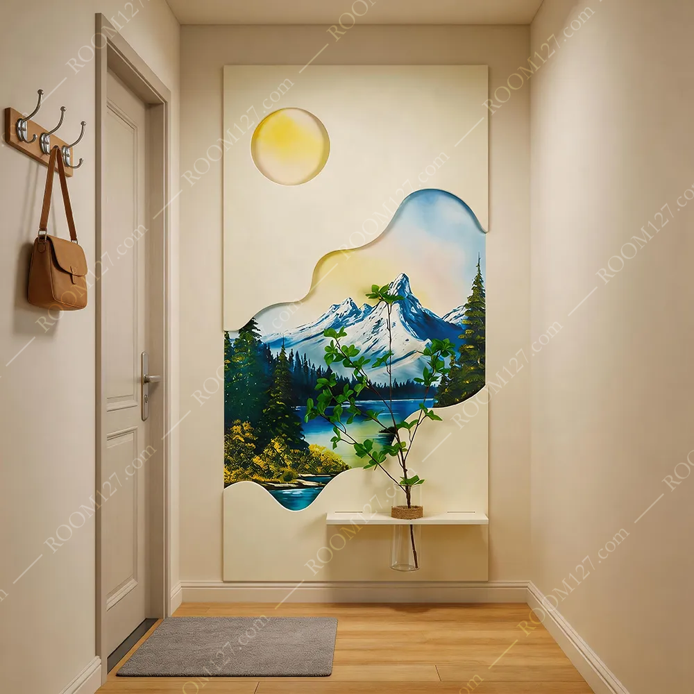 Vertical 3D Art Wall Decor, Nordic Blue‑White Snow‑Mountain, Built‑in LED Moon Light & Flower Vase, Laminated Real‑Material Craft, for Hotel & Entryway