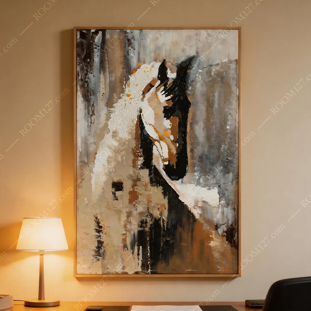 Low-saturation earth tone thick texture cracked white horse vertical light luxury hand-painted art decorative painting is suitable for hotels and entrance halls