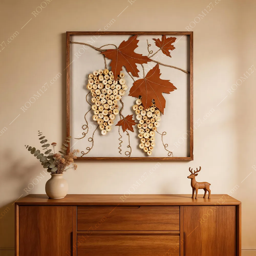 A handcrafted three-dimensional physical decorative painting in the style of wabi-sabi with double bunches of grapes stacked on logs is suitable for hotels and study rooms