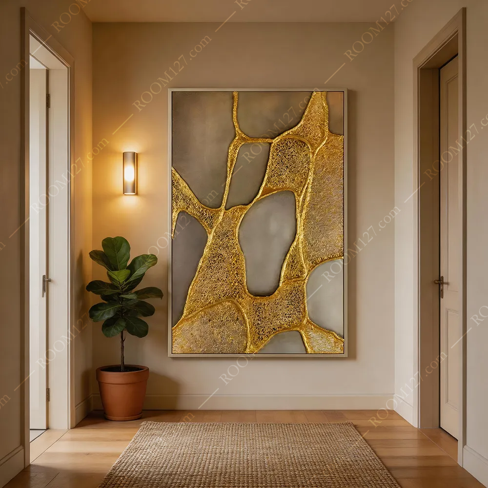 Warm grey matte, thick pile of broken gold foil, abstract vertical plate, light luxury hand-painted physical art decorative painting, suitable for hotels and study rooms