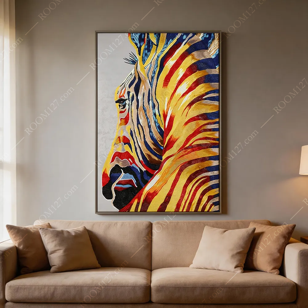 Full-color contrast light luxury style semi-three-dimensional embroidery craft zebra side face vertical art decorative painting is suitable for hotels and bedrooms
