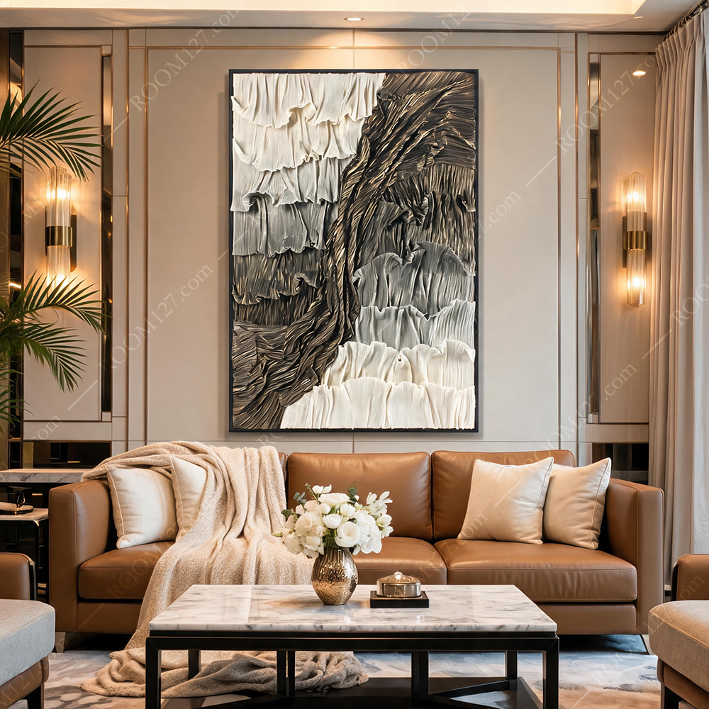 Wabi-sabi light luxury style pleated gilded mountain three-dimensional object decorative painting is suitable for study and living room