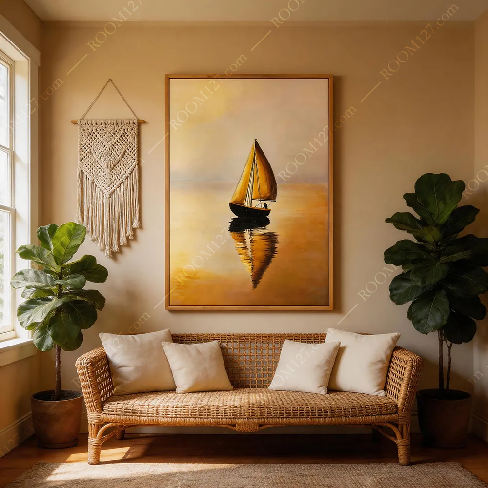 The sunset warm sea mirror reflection freehand hand-painted decorative painting in wabi-sabi style is suitable for hotels and study rooms