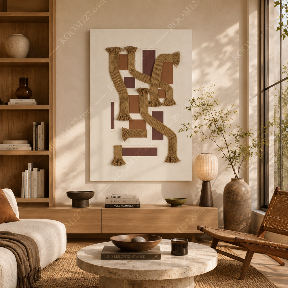 Wabi-sabi style jute curved strip geometric tassel jute rope craft three-dimensional physical decorative painting is suitable for hotels and living rooms
