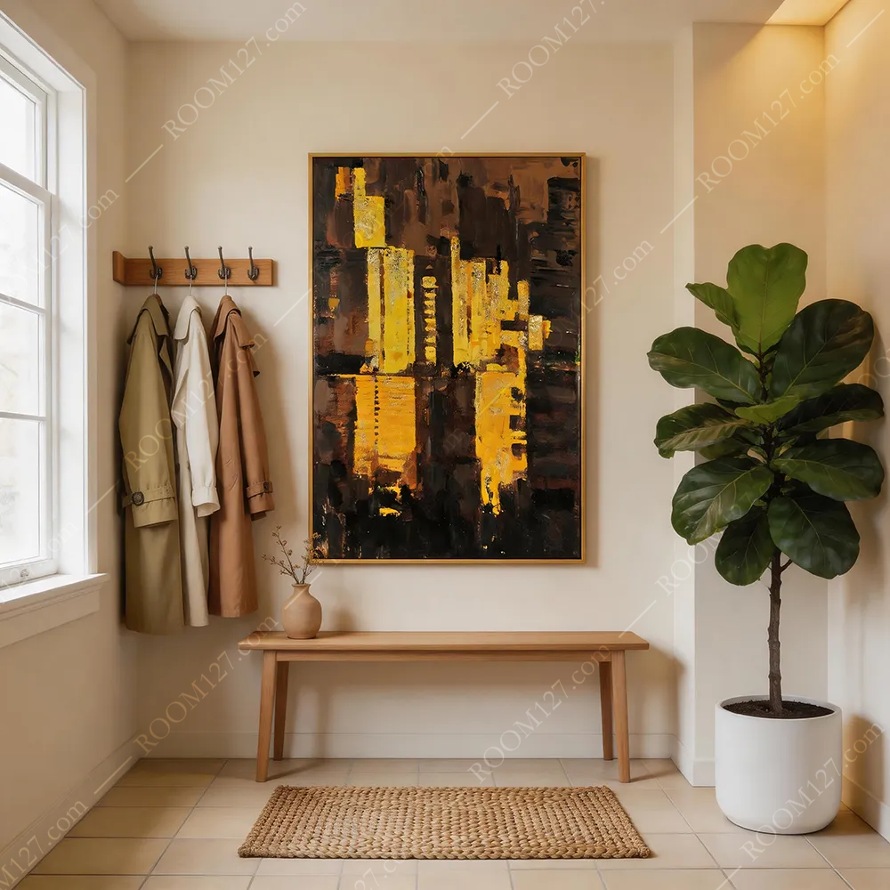 Thick pile scraper gilding urban night scene semi-three-dimensional oil abstract hand-painted art vertical decorative painting, suitable for hotels & bedrooms