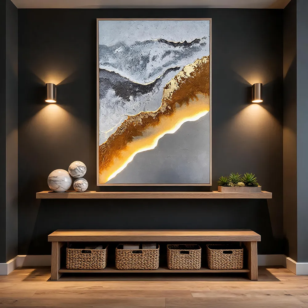 Vertical 3D Wall Art, LED Lit Three‑Layer Mountain with Crushed Gold Foil Diffused Light, for Hotel & Living Room