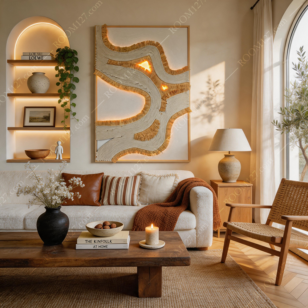 Modern wabi-sabi style cotton rope raffia grass meandering river LED light craft luminous hemp rope physical decorative painting, suitable for hotels & tea rooms