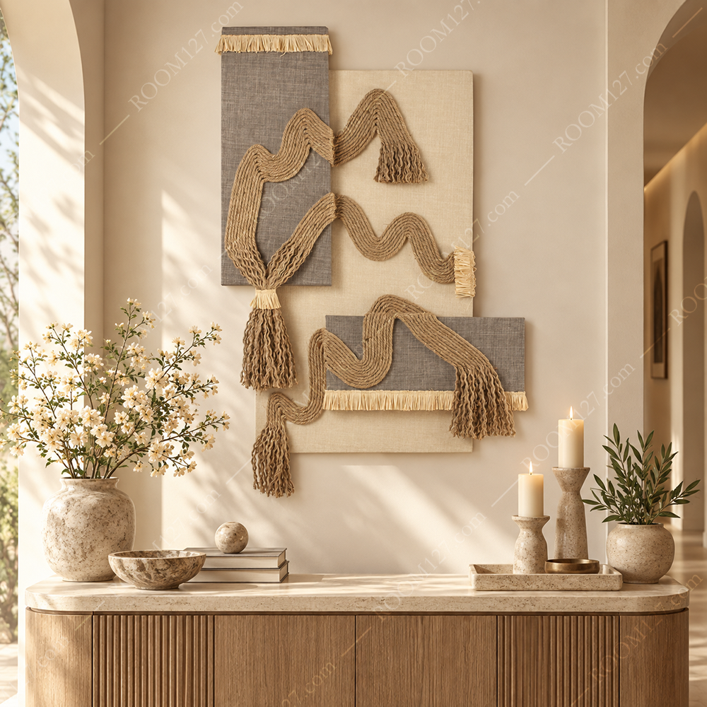 The wabi-sabi style double-layer staggered hemp rope mountain tassel three-dimensional physical decorative painting is suitable for hotels and living rooms